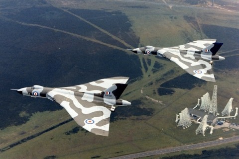 XH557 and XH558 show off their new camouflage scheme over the Ballistic Missile Early Warning station at RAF Fylingdales on the North York Moors. (Crown Copyright)